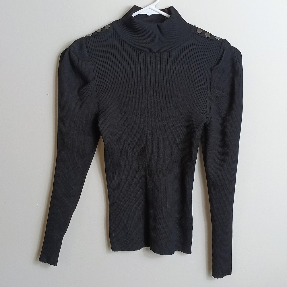 Tahari Ribbed Mock Neck Sweater Womens S Black NWT Puff Sleeve Button Shoulder